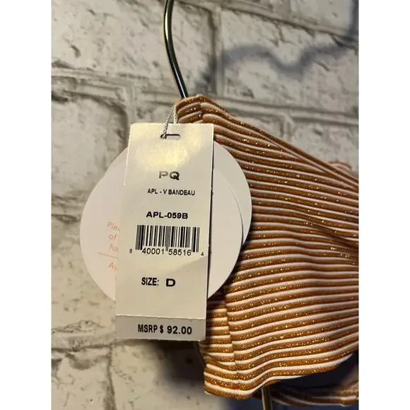 Pilyq PQ Aperol Stripe Orange Ruched Bandeau D Cup S Full Bottom NEW - Picture 8 of 10